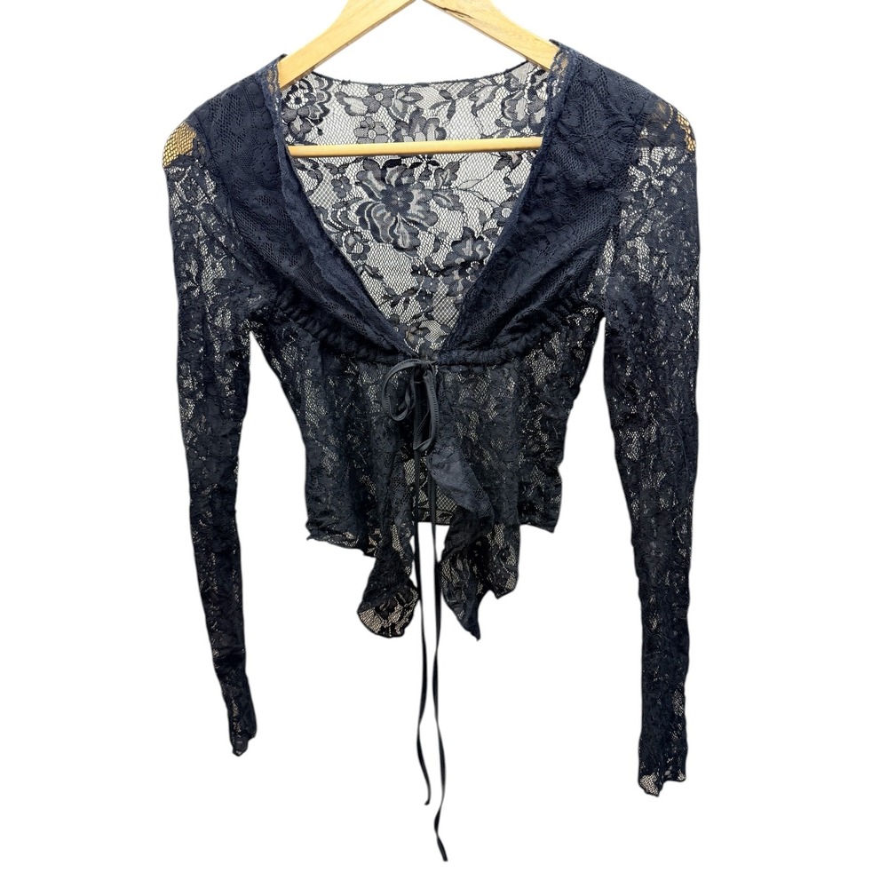 Black Floral Lace Tie Front Long‎ Sleeve Sheer Cropped Top Gothic XS fairycore